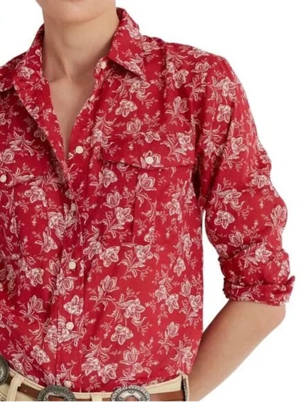 Lauren Ralph Lauren Red Floral Button Down 2X 100% Cotton Shirt